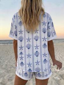Conjunto de camisa de manga corta con botones y pantalones cortos con estampado de peces para mujer - Celeste - Ver 9