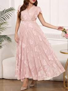 Reflora 大码女士优雅印花连衣裙，夏季婚礼宾客礼服 - 藕粉色 - 查看 10