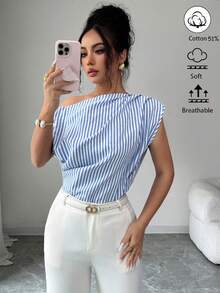 SHEIN Elenzya Áo kiểu nữ thanh lịch, dáng lệch vai, kẻ sọc, thích hợp cho mùa hè. - Xanh và trắng - Xem 3