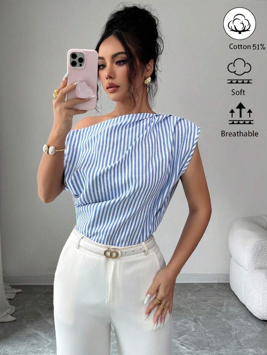 SHEIN Elenzya 女士休闲优雅不对称肩条纹衬衫，夏季 - 藍白色 - 查看 1