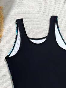 SHEIN Bộ áo liền quần in họa tiết cây nhiệt đới cho bé gái tuổi teen, thích hợp đi biển và nghỉ lễ. - màu đen - Xem 4
