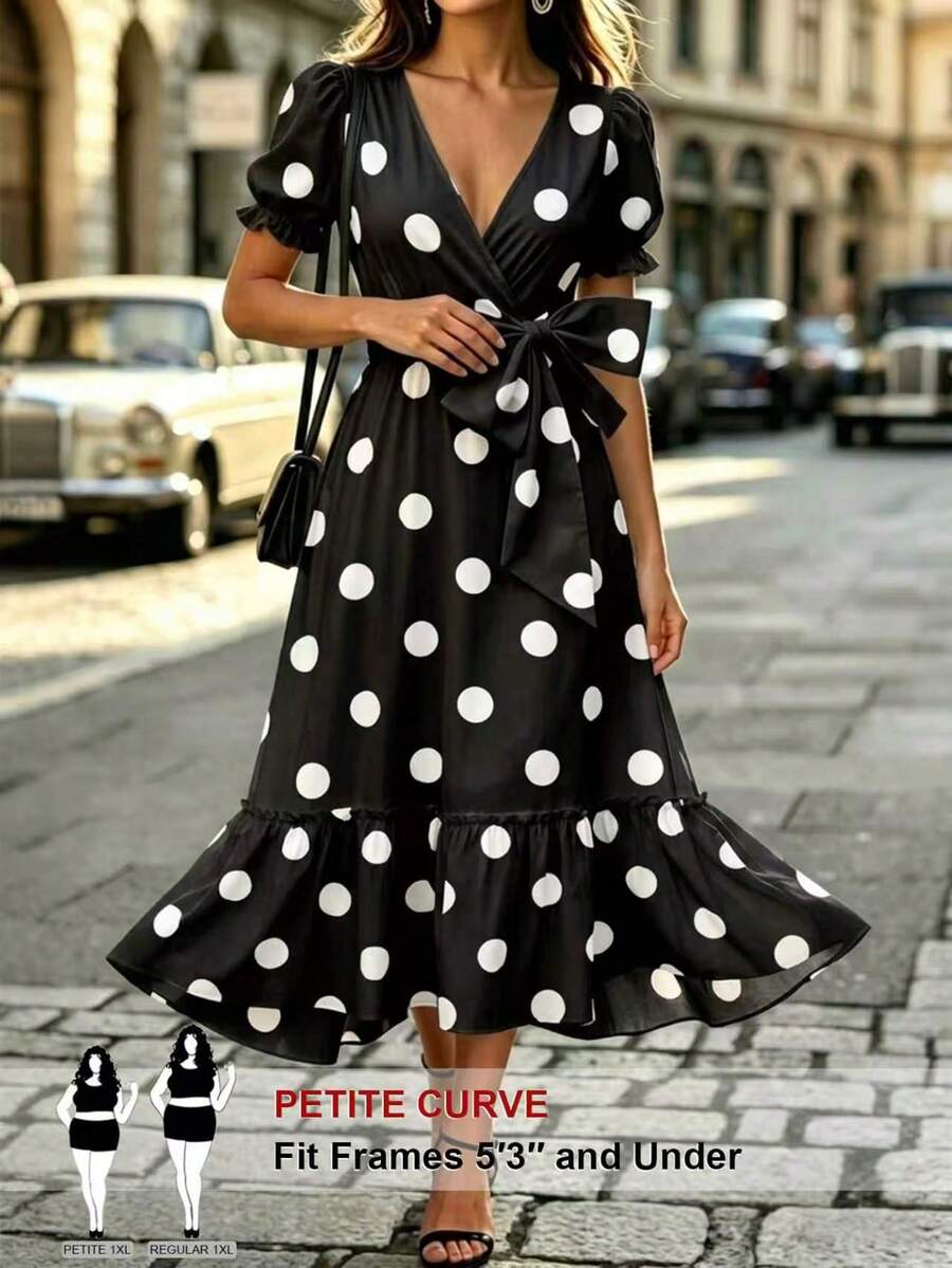 SHEIN PETITE CURVE 女士V领波点花瓣袖系带腰身优雅连衣裙，春夏款 - 黑與白 - 查看 1