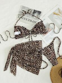 Swim SXY 3pcs/Set New Random Beige Print Halter Bikini Set With Short Skirt, Elegant Sexy Adult Beach Vacation Party Swimwear For Women Summer - Multicolor - View 2