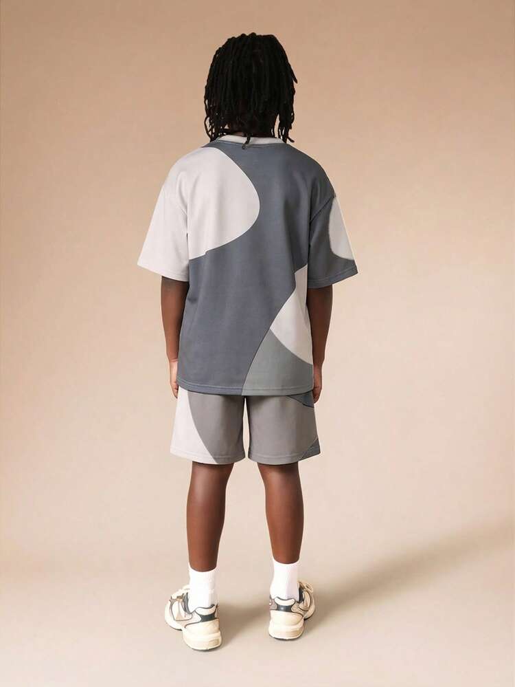 Conjunto de Camiseta Colorida e Shorts Casual de Verão para Meninos Pré-Adolescentes