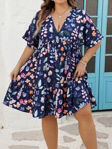 SHEIN CURVE+ 尺码 US22 适合音乐节、海滨度假、波西米亚风的女士条纹V领蝙蝠袖短袖荷叶边下摆休闲连衣裙，秋季女装，冬季，CURVE PLUS - 藏蓝色 - 查看 5