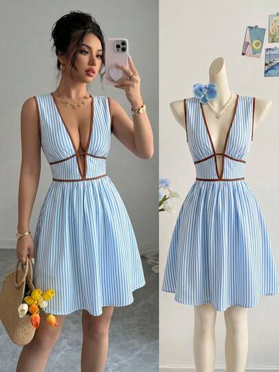 SHEIN Raffinéa Đầm ngắn không tay cổ chữ V sâu, màu xanh nhạt phối viền tương phản, phong cách nghỉ mát biển dành cho nữ, thích hợp cho kỳ nghỉ.