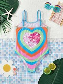 SHEIN 女童心形印花亮片拼接细肩带连体泳衣 - 粉色 - 查看 3