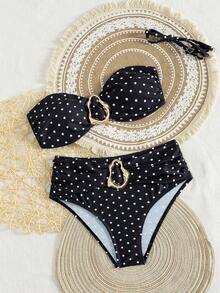 Swim Chiccia Bộ bikini nữ kiểu dáng dễ thương, họa tiết chấm bi, in hình trang sức kim loại, thích hợp cho lễ hội âm nhạc bãi biển mùa xuân/hè, kiểu dáng thời trang với phần lưng nhăn và cạp cao. - Nhiều màu - Xem 6