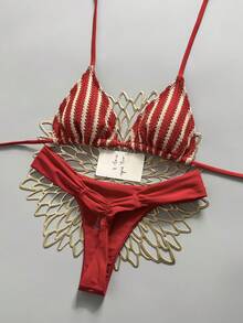 Swim Mod Women's 2pcs Textured Knit Fabric Bikini Set, Tie-Front Top And Ruched Bottoms, Summer Beach Swimwear - Red - View 1