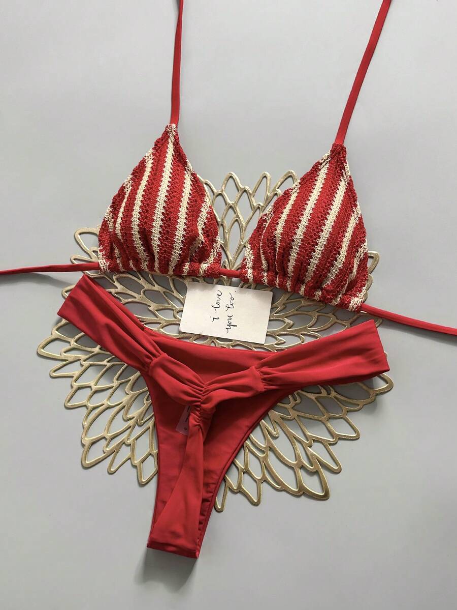 Swim Mod Women's 2pcs Textured Knit Fabric Bikini Set, Tie-Front Top And Ruched Bottoms, Summer Beach Swimwear - Red - View 1