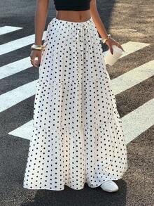 SHEIN PETITE CURVE Plus Size Summer Women Women's White Polka Dot Casual Vacation Skirt For Going Out Outfits, Streetwear, Y2K Clothes, Spring/Summer, White Boho Skirt, Summer Maxi Skirt - Black and White - View 6
