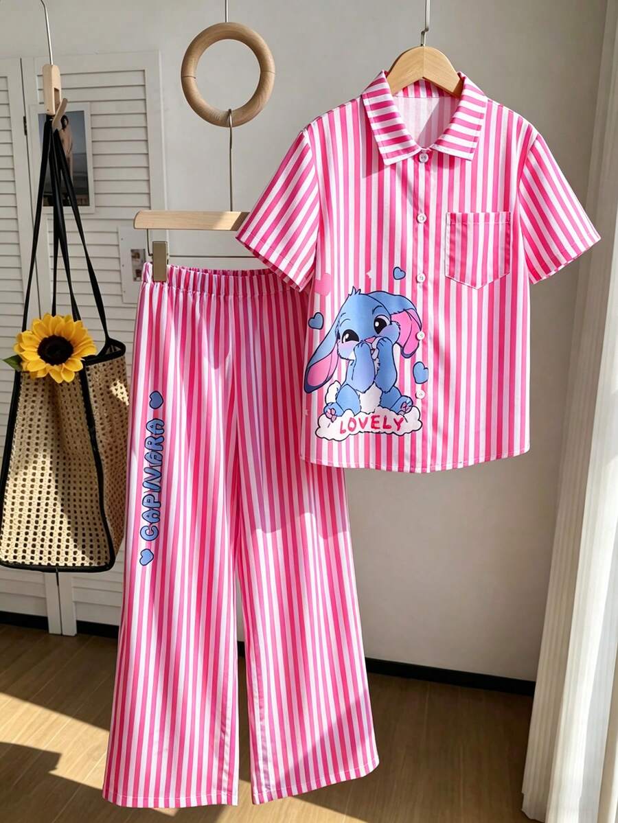 SHEIN 少女休闲条纹衬衫长裤套装,适合度假、外出、上学、ins风穿搭 - 粉色 - 查看 1