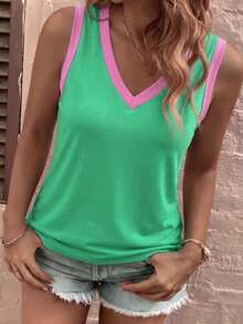 EMERY ROSE Plus Size Women V-Neck Patchwork Color Casual Versatile Daily Wear Top - Multicolor - View 3