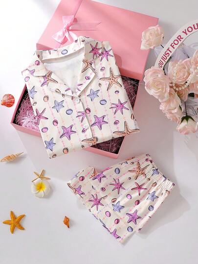Bộ đồ ngủ cho bé gái tuổi teen, áo tay ngắn và quần short in hình sao biển, bộ đồ ngủ 2 mảnh thời trang và thanh lịch.