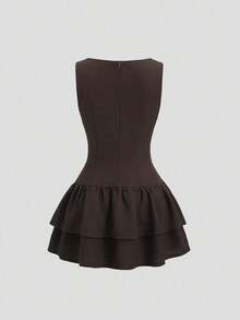SHEIN PETITE Đầm mini không tay dáng chữ A, viền bèo đôi, thời trang, cổ điển, lãng mạn, thanh lịch, dễ thương, ngọt ngào phong cách Bohemian, thích hợp cho lễ hội âm nhạc, kỳ nghỉ, hẹn hò, đi làm, dành cho phụ nữ nhỏ nhắn, mùa xuân/hè. - màu nâu - Xem 2
