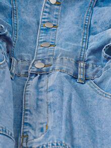 EMERY ROSE Mature Denim Women's V-Neck Button Half-Placket Ruffle Hem Casual Denim Dress - Light Wash - View 5