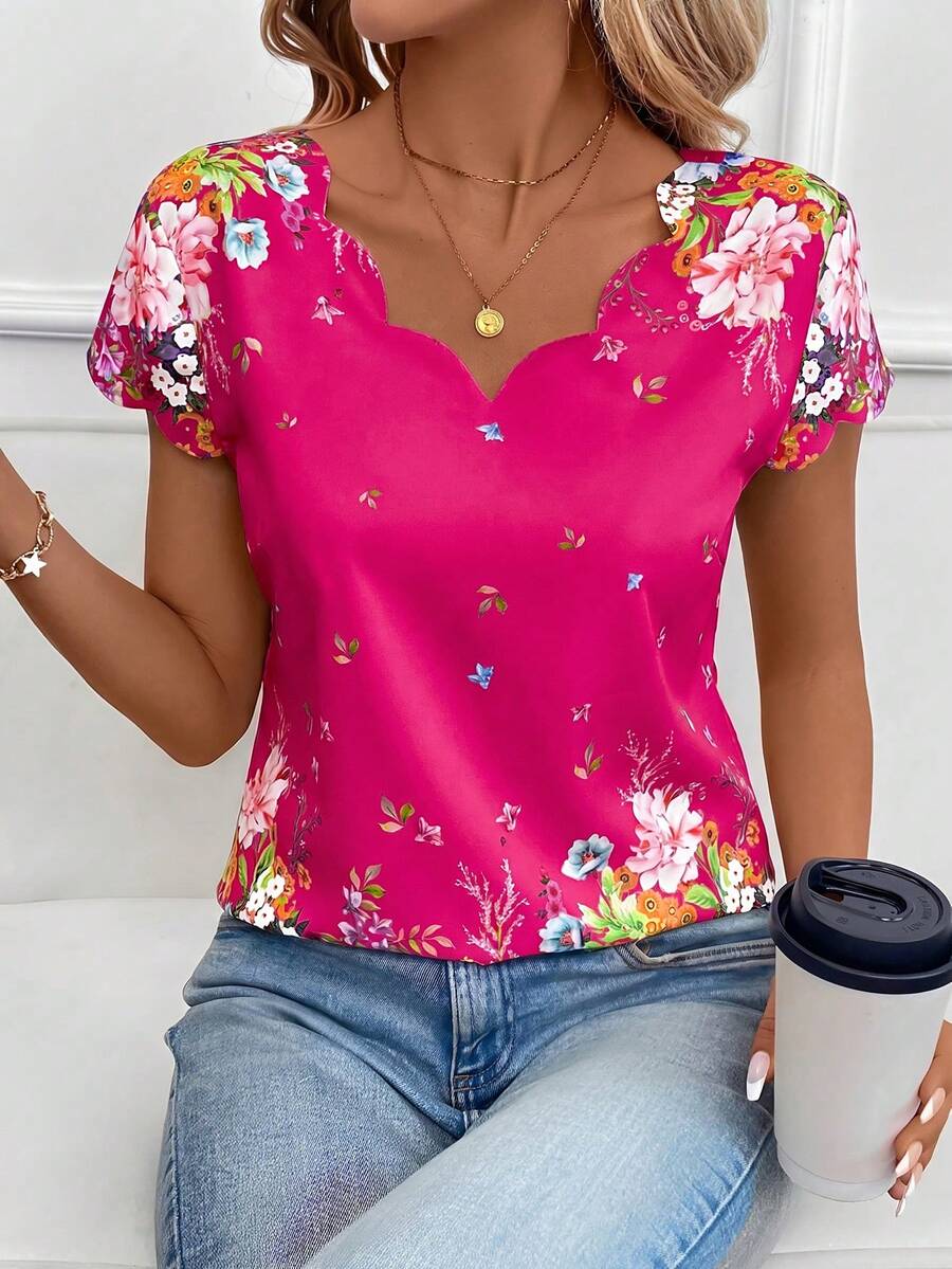 SHEIN Clasi 女士春季碎花短袖衬衫 - 玫紅色 - 查看 1