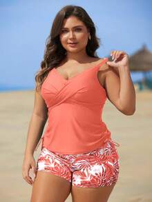 Swim Lushoire Plus Size Floral Print Tankini Swimwear - Watermelon Pink - View 1