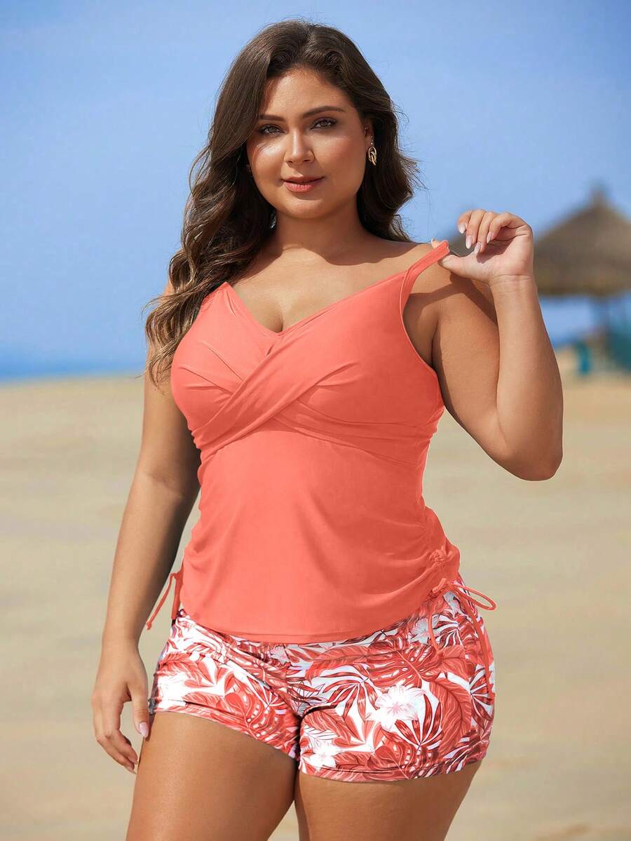 Swim Lushoire Plus Size Floral Print Tankini Swimwear - Watermelon Pink - View 1