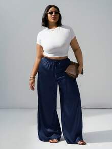 Hourglow Plus Size Wrinkle-Resistant Satin Straight Leg Loose Pants, Suitable For Valentine's Day, For Hourglass Body Shape - Navy Blue - View 3