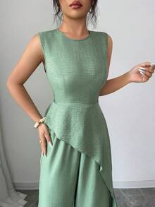 Elenzga 女士时尚圆领不规则荷叶边下摆系带腰带休闲裤套装，绿色，春夏两件套，适合派对、约会、用餐、海滩度假、返校、教师节、母亲节、复活节、圣帕特里克节、节日、日常休闲穿着、通勤。 - 綠色 - 查看 4