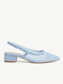 CUCCOO CHICEST Giày nữ mùa xuân hè mới, mũi nhọn, gót thấp, màu xanh lưới hình thoi, có nơ, thời trang, thanh lịch, thoáng khí, kiểu dáng nữ tính, giày nữ đế dày, gót thấp, đế rỗng. - Màu xanh lam - Xem 3