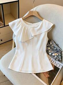 SHEIN Franclia 女士纯色褶皱休闲百搭日常衬衫 - 白色 - 查看 1
