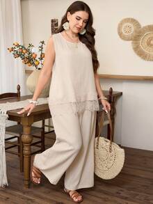 Lacomfia 2pcs Plus Size Women Summer Set, Minimalist Boho Round Neck With Decorative Hem Splice And 3D Floral Trim Vacation Beige - Apricot - View 3