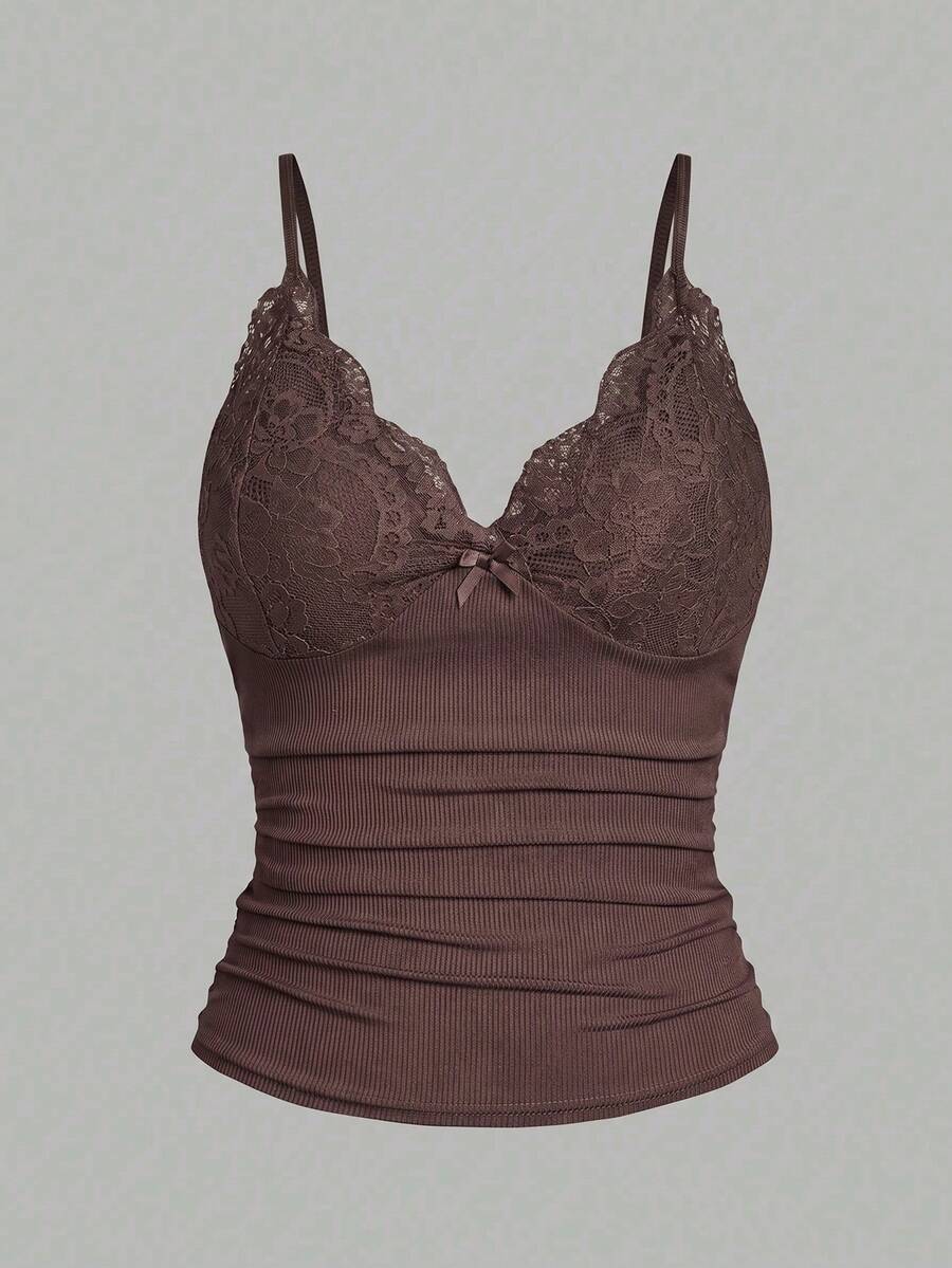 EgrlEra Áo camisole mùa hè dành cho nữ, ôm sát, cổ chữ V sâu kiểu Pháp, ren và nơ, màu kem vàng. - Cà phê nâu - Xem 1