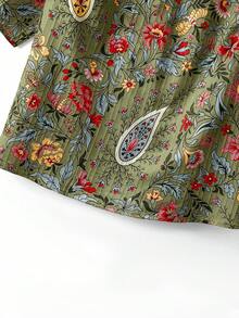 Linhara 碎花寬鬆短袖襯衫，復古波希米亞柔和風度假綠色花卉夏季款 - 綠色 - 查看 6