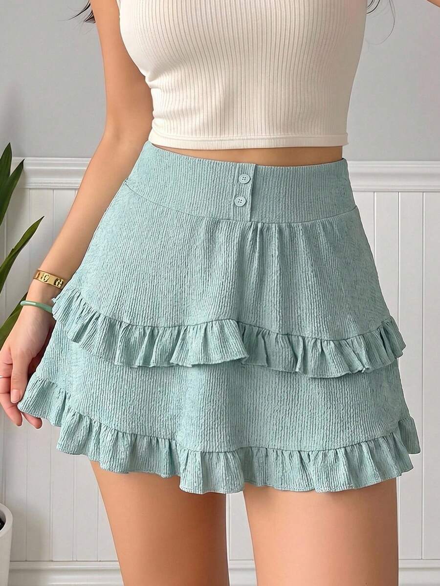 Chân váy ngắn cạp cao màu xanh bạc hà dành cho nữ, có chi tiết bèo nhún. - Màu xanh Bạc hà - Xem 1