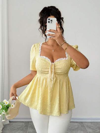 Elenzga Áo nữ cỡ lớn thanh lịch, thoải mái, đa năng, màu vàng mù tạt Pháp, chất liệu vải dệt họa tiết, cổ áo ren trắng hình trái tim, dây rút, kiểu dáng mới mùa hè.