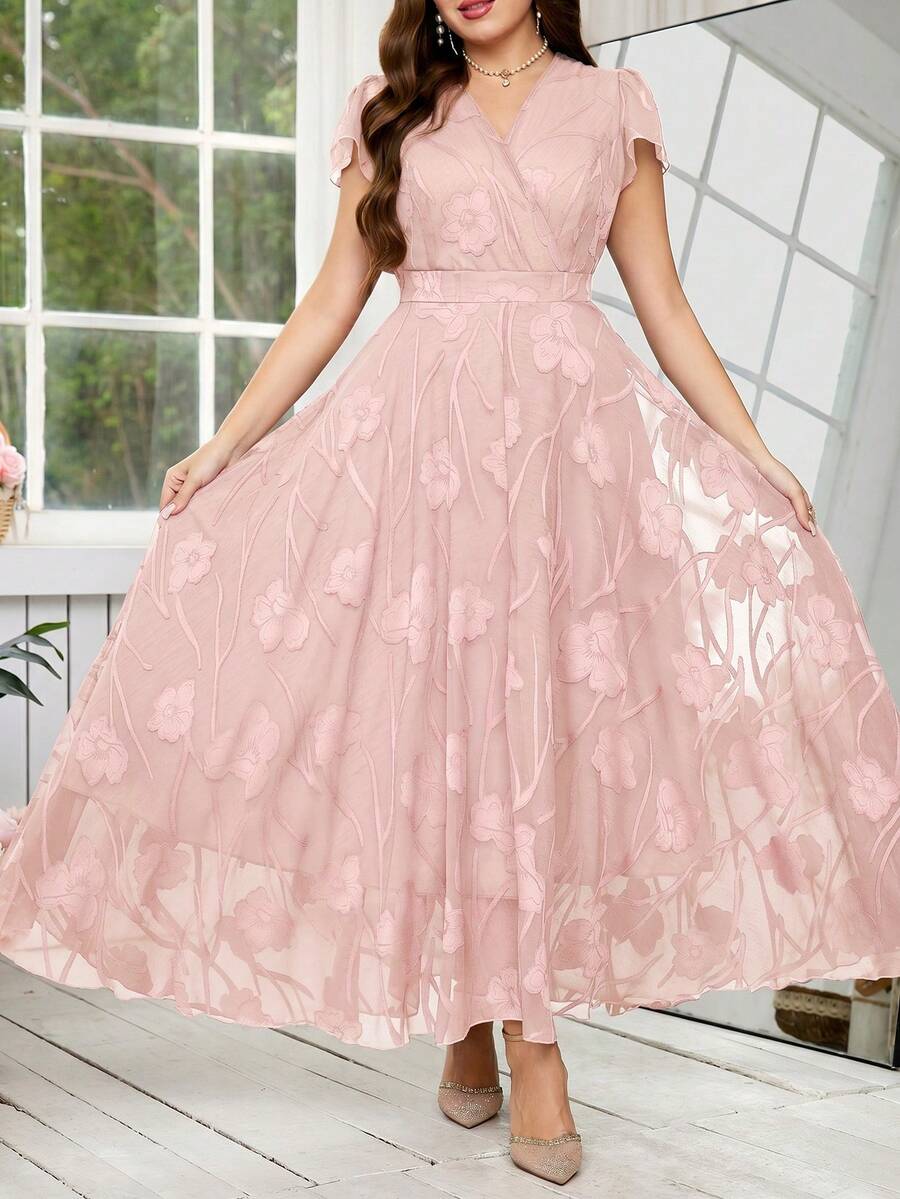 Reflora 大码女士优雅印花连衣裙,夏季婚礼宾客礼服 - 藕粉色 - 查看 1