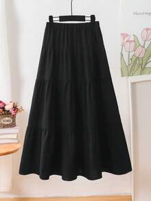 SHEIN Sparklyn Tween Girl Casual Vacation Patchwork Skirt, Summer , Fashionable Design Versatile For Holiday, Travel, Campus And Daily Wear - Black - View 3
