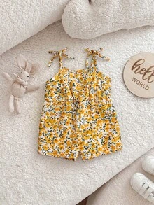 SHEIN 新生女宝宝可爱夏季碎花连体衣 - 芥末黃 - 查看 6