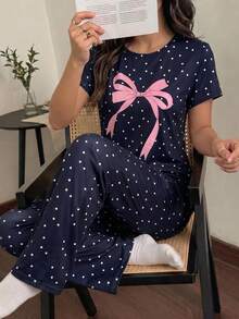 两件套少女优雅波点套装，藏蓝色底粉色蝴蝶结印花圆领上衣搭配宽松波点印花长裤，针织面料舒适休闲睡衣套装 - 藏蓝色 - 查看 6