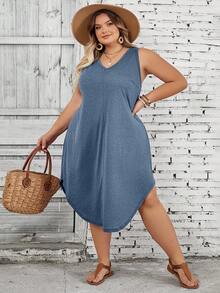 SHEIN CURVE+ Plus Size Women's Solid Color Curved Hem Vest Dress - Dusty Blue - View 3