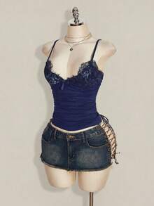 SHEIN ICON 撞色蕾丝褶饰 Y2k 吊带上衣 - 藏蓝色 - 查看 5