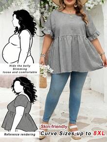 SHEIN CURVE+ Curve 加大码 US22 音乐节、海滨度假、波西米亚风 CURVE PLUS / / 女士格纹印花衬衫，适合春夏波西米亚风度假，休闲娃娃风衬衫 - 黑與白 - 查看 1