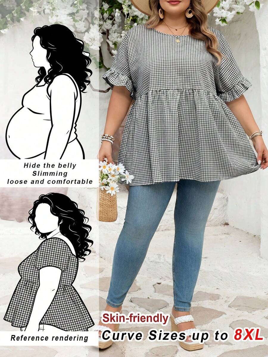 SHEIN CURVE+ Curve 加大码 US22 音乐节、海滨度假、波西米亚风 CURVE PLUS / / 女士格纹印花衬衫,适合春夏波西米亚风度假,休闲娃娃风衬衫 - 黑與白 - 查看 1