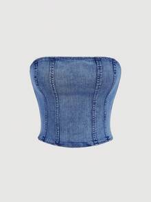 SHEIN MOD Áo ống denim gợi cảm, đa năng, thời trang dành cho nữ - Rửa trung bình - Xem 1