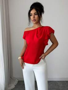 SHEIN Raffinéa Asymmetric Cold Shoulder Top/Ruffle Trim + Cold Shoulder, Fashionable, Elegant, Sexy Blouse - Red - View 7