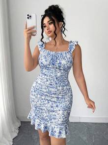 Elenzga Đầm mini ôm sát cơ thể cỡ lớn dành cho nữ, họa tiết hoa, hai màu, xếp ly, tay loe, viền bèo nhún, thắt nơ phía trước, thích hợp cho kỳ nghỉ xuân/hè. - Màu xanh lam - Xem 5