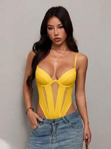 SHEIN PETITE Áo liền thân hai dây màu trơn, kiểu dáng thường ngày, thời trang, gợi cảm dành cho nữ, thích hợp đi nghỉ mát. Áo liền thân bằng vải lưới. - Màu vàng - Xem 4
