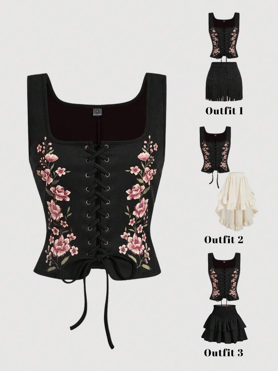 SHEIN MOD 大码女式前开孔系带复古印花吊带背心 - 黑色 - 查看 1
