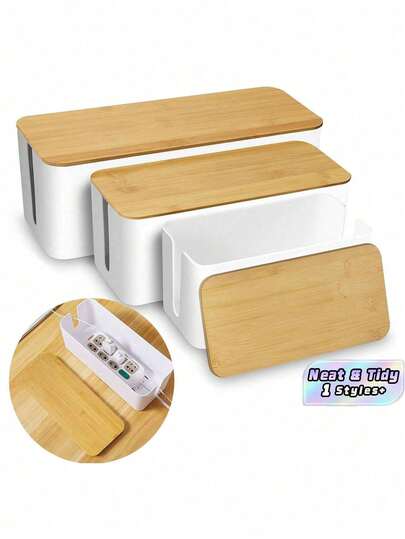 SHEIN 1pc Bamboo And Wood Wire Storage Box, Data Cable Storage Box, Power Cable Management Box, Sorting Box, Socket Computer Cable Rack, And Plug Box