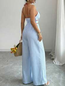 Elenzga Plus Size Women's Elegant Vacation Sexy Contrast Stripe Deep V Halter Tie Waist Straight Leg Jumpsuit, Spring/Summer - Multicolor - View 4