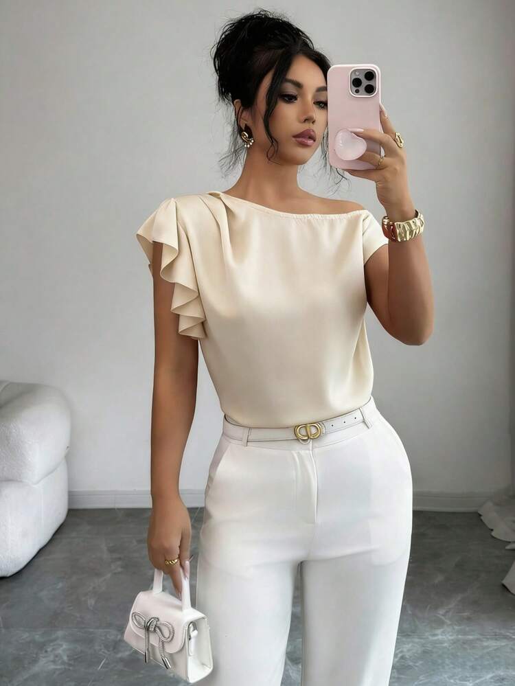 Ellegaria. Asymmetric Open Shoulder Top/Ruffle Trim + Single Shoulder Exposed Fashionable Elegant Sexy Blouse - Apricot - View 3