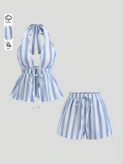 Sweetra French Elegant Striped Design Commuter Suit, Featuring Cotton Fabric, Minimalist Versatile Summer Fashion Casual Outfit With Sexy Halter Tie Design And Straight Shorts, 2 Piece Set For Women