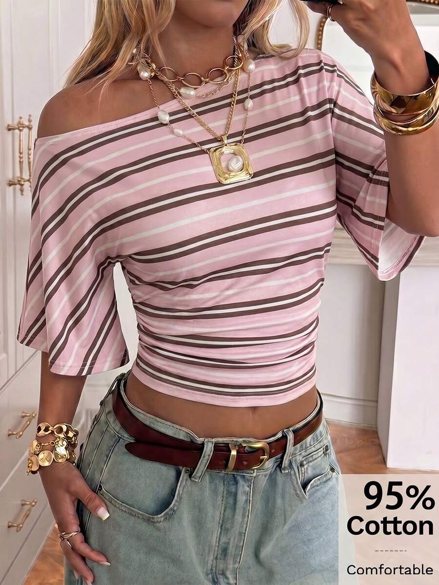 SHEIN EZwear 女士95%纯棉粉色条纹针织蝙蝠袖短款T恤 - 完美适用于西部音乐节、春夏海滩度假、春假、波西米亚风热带岛屿婚礼、周年纪念、伴娘派对、约会之夜、性感婚礼宾客装扮、新娘送礼会、海滨假期、岛屿女孩复古风、浪漫度假氛围、法国南部旅行 - 彩色 - 查看 1